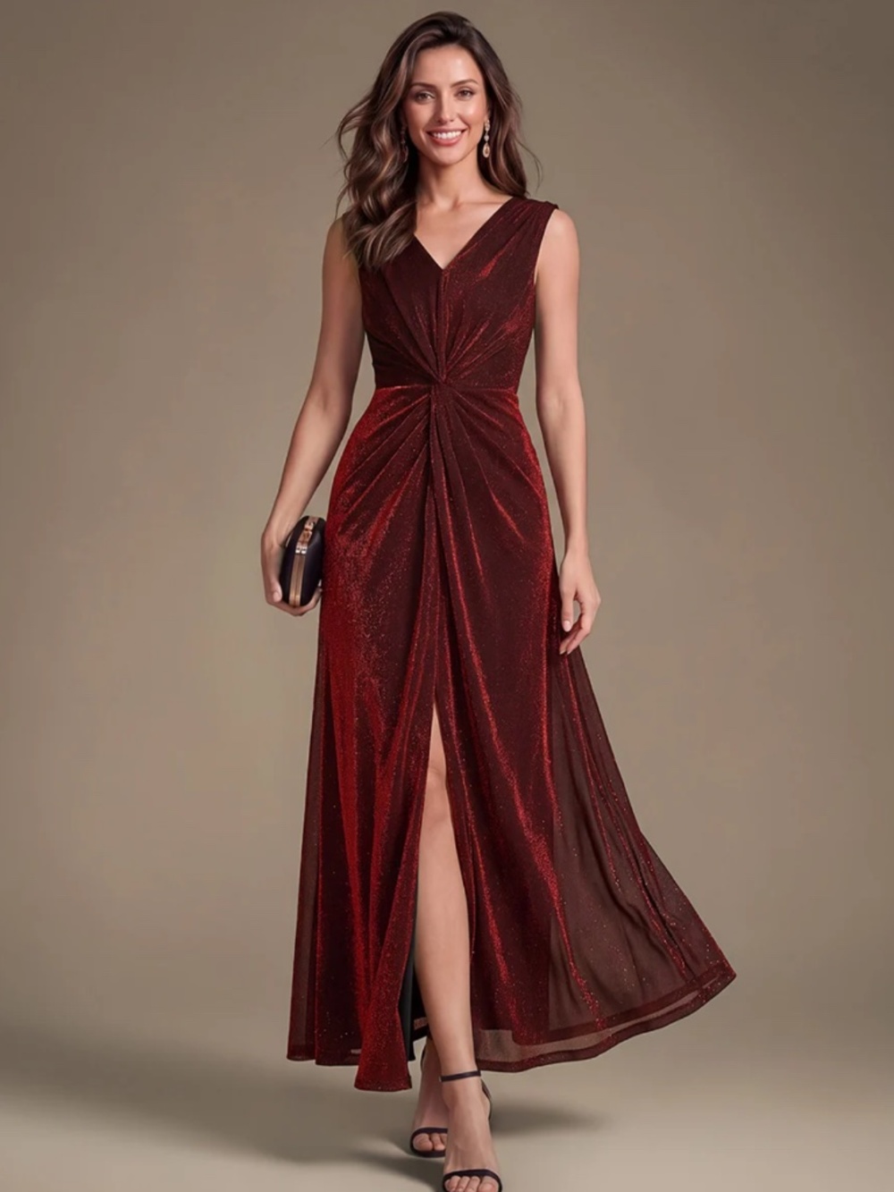 Slit Lurex Mesh Sleeveless Evening Dress (Size XL)